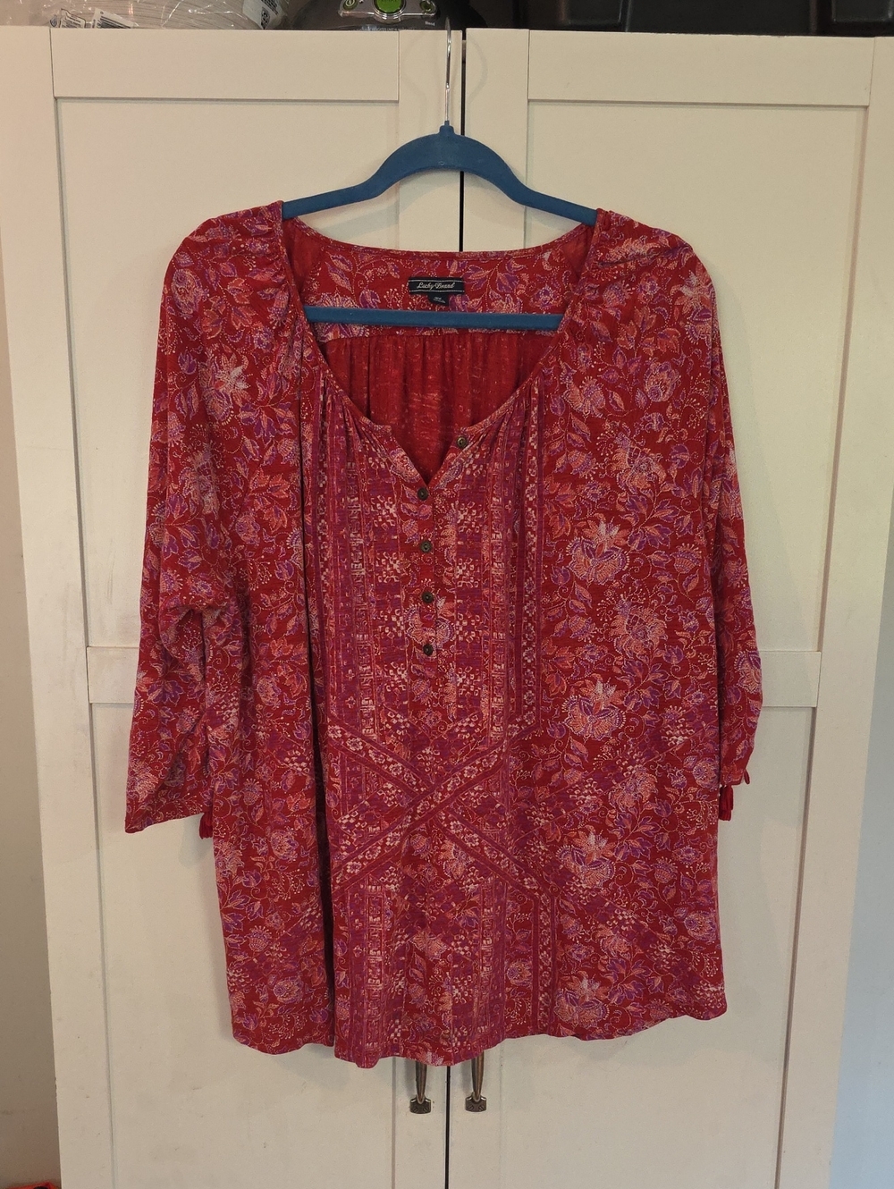 Lucky Brand Red Floral Button-Plaque Peasant Tunic